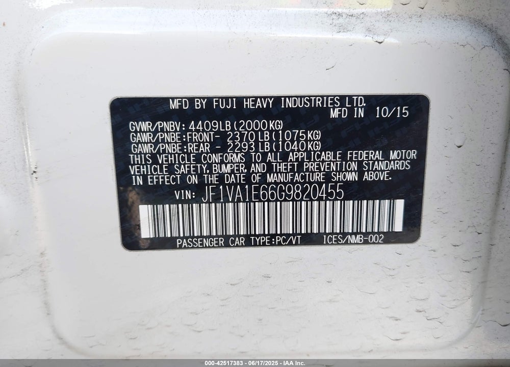 2016 SUBARU WRX PREMIUM VIN: JF1VA1E66G9820455