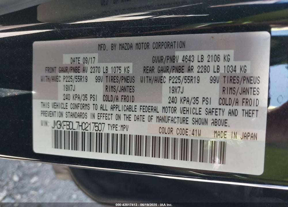 2017 MAZDA CX-5 VIN: JM3KFBDL7H0217507