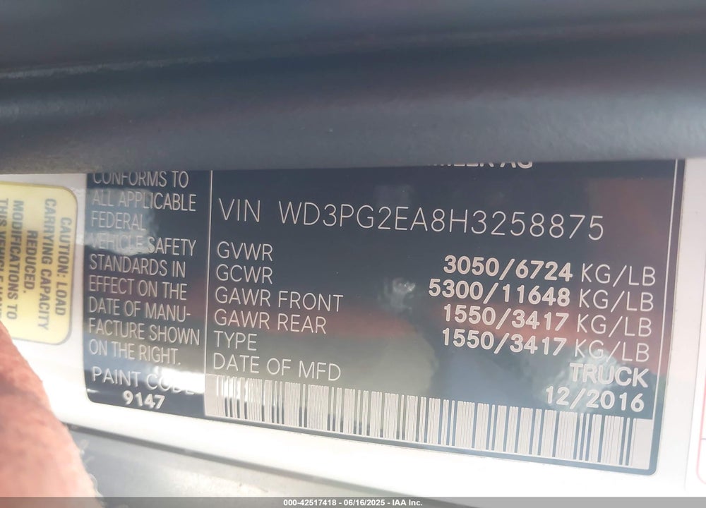 2017 MERCEDES-BENZ METRIS VIN: WD3PG2EA8H3258875