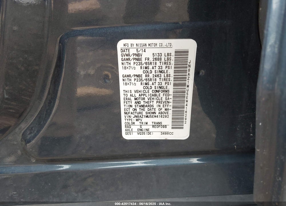 2014 NISSAN MURANO SV VIN: JN8AZ1MU5EW416292