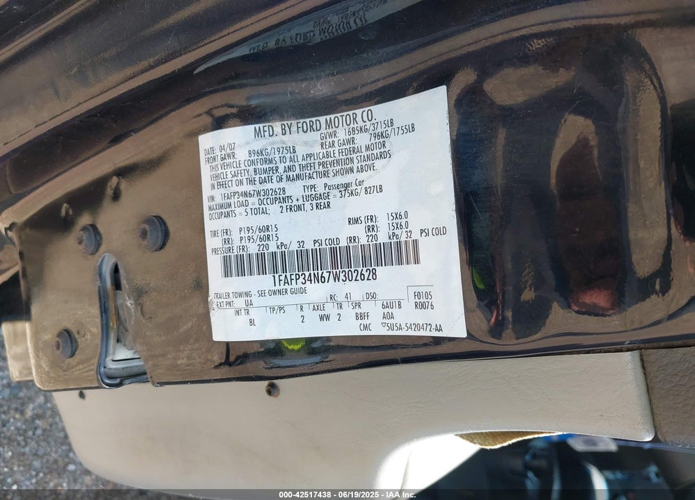 2007 FORD FOCUS S/SE/SES VIN: 1FAFP34N67W302628
