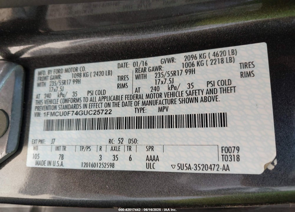 2016 FORD ESCAPE S VIN: 1FMCU0F74GUC25722