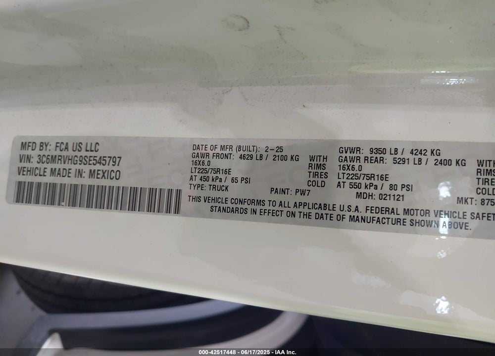 2025 RAM PROMASTER 3500 TRADESMAN HIGH ROOF 159 WB W/PASS SEAT VIN: 3C6MRVHG9SE545797