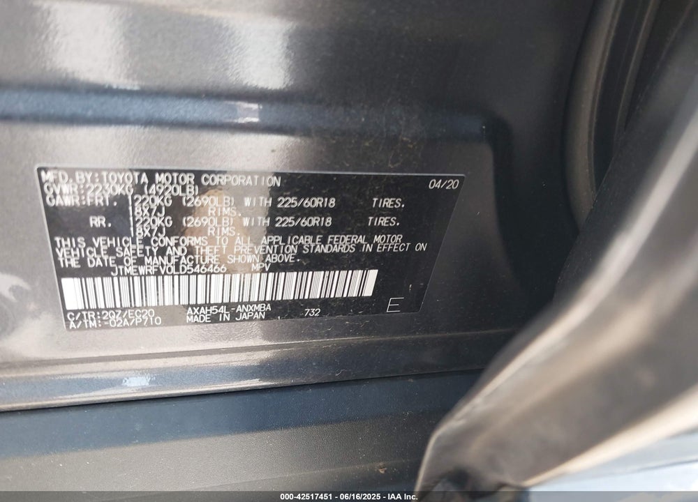 2020 TOYOTA RAV4 HYBRID VIN: JTMEWRFV0LD546466