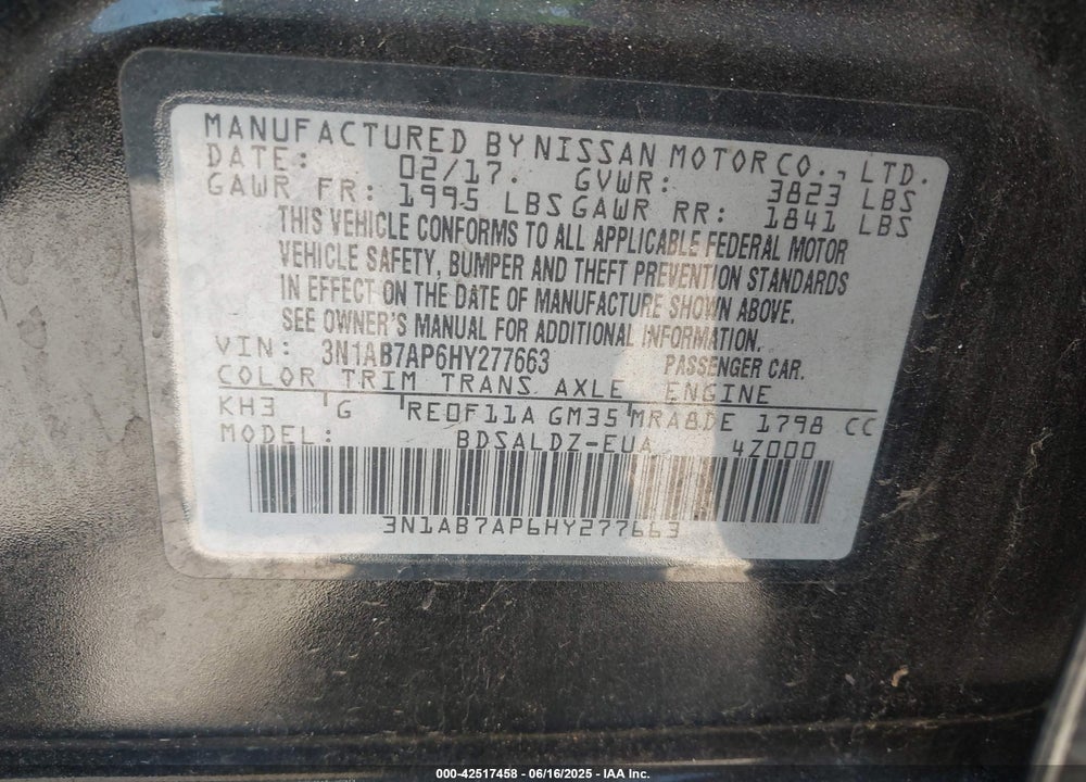 2017 NISSAN SENTRA SV VIN: 3N1AB7AP6HY277663