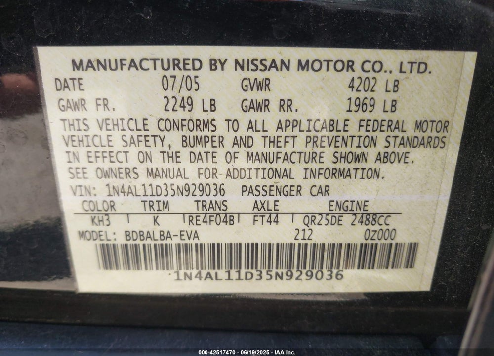 2005 NISSAN ALTIMA VIN: 1N4AL11D35N929036