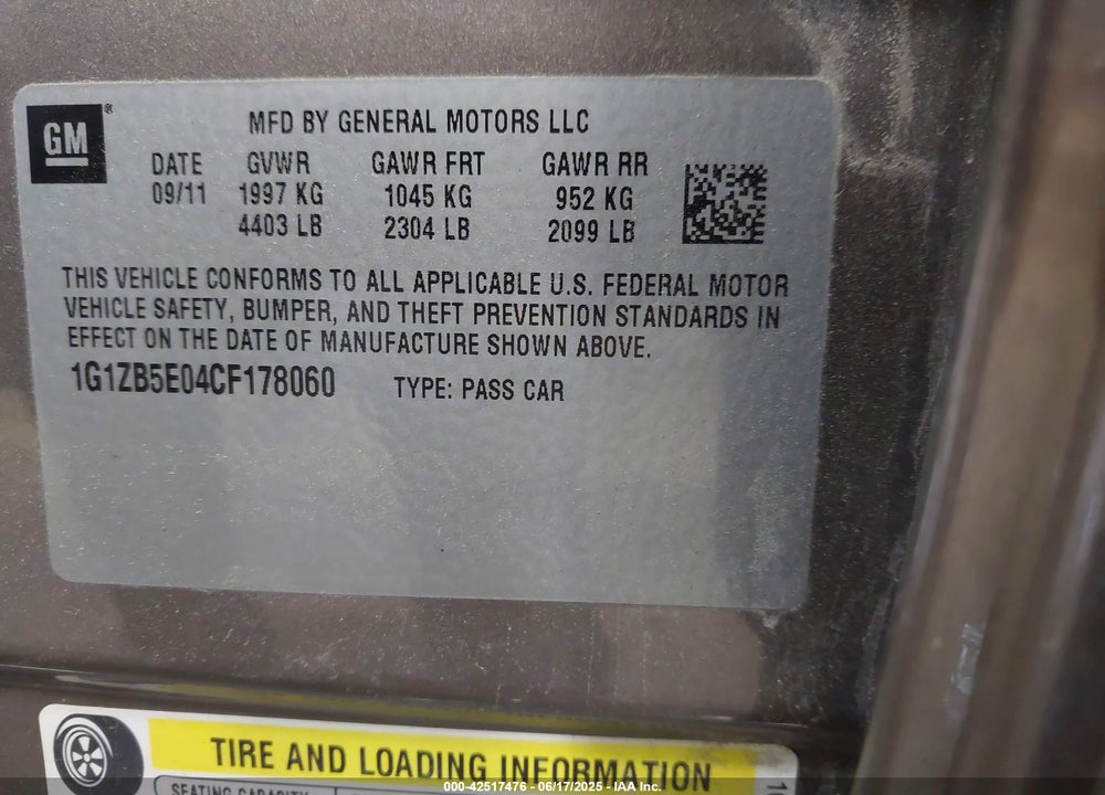 2012 CHEVROLET MALIBU VIN: 1G1ZB5E04CF178060