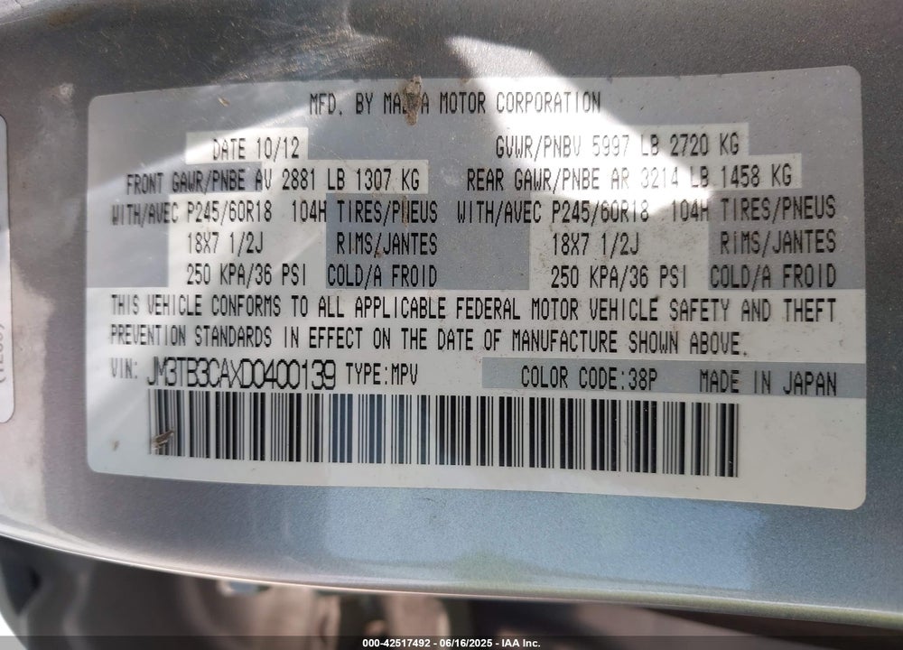 2013 MAZDA CX-9 TOURING VIN: JM3TB3CAXD0400139