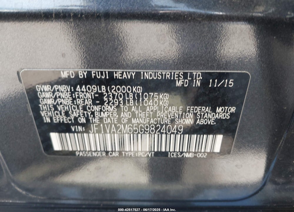 2016 SUBARU WRX VIN: JF1VA2M65G9824049