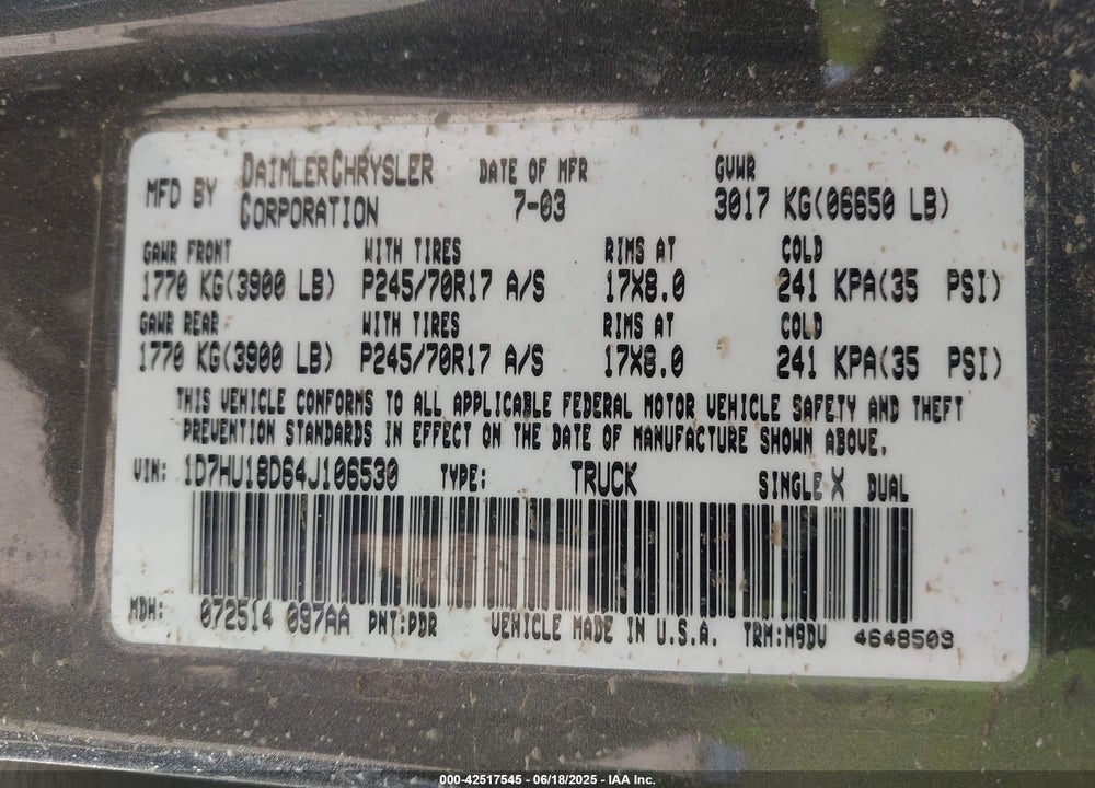 2004 DODGE RAM 1500 SLT/LARAMIE VIN: 1D7HU18D64J106530
