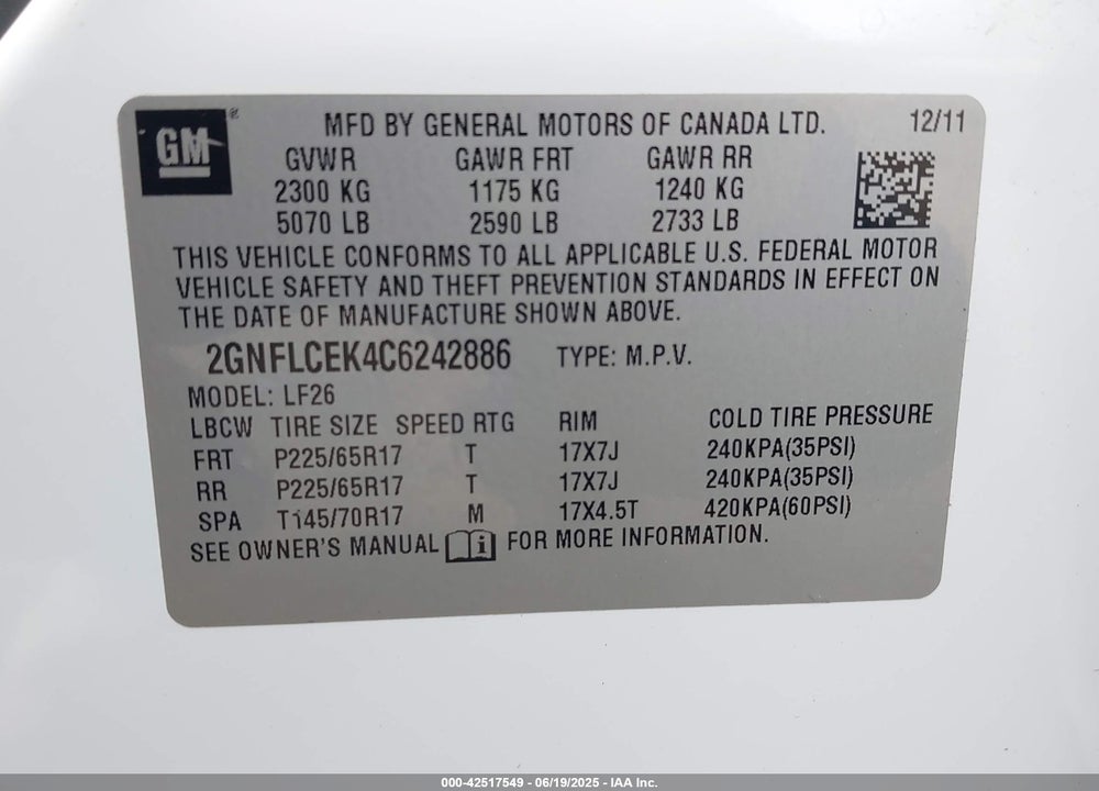 2012 CHEVROLET EQUINOX VIN: 2GNFLCEK4C6242886