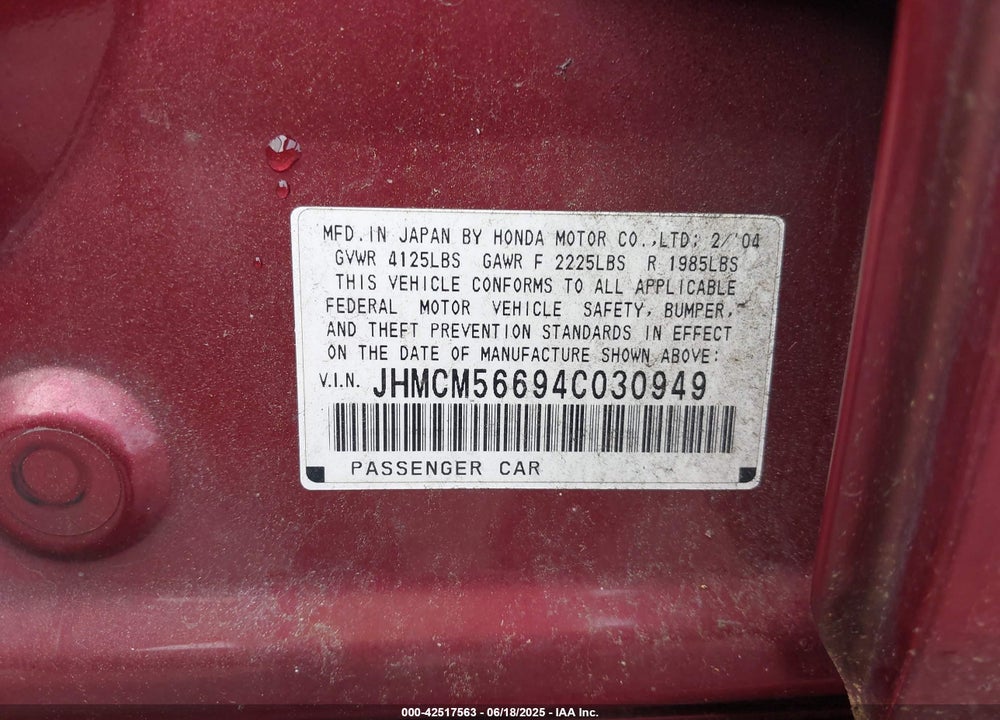 2004 HONDA ACCORD 2.4 EX VIN: JHMCM56694C030949