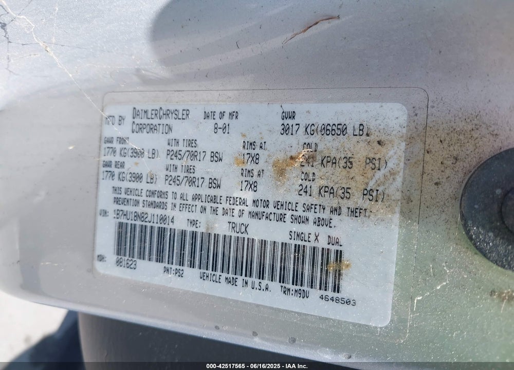 2002 DODGE RAM 1500 ST VIN: 1B7HU18N82J110014
