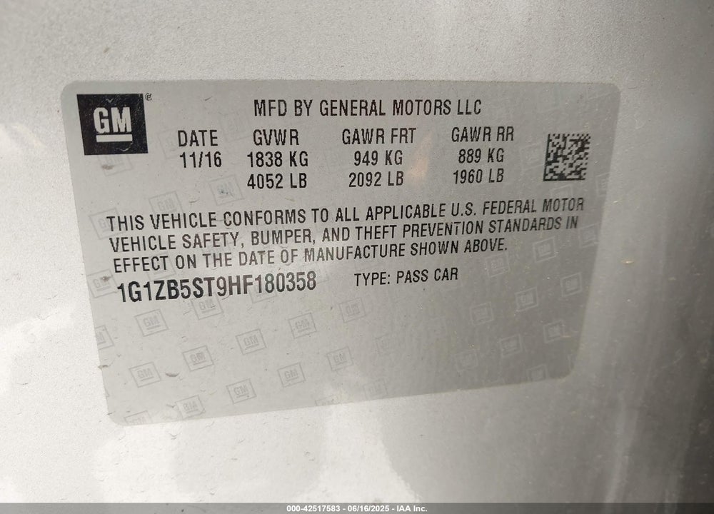 2017 CHEVROLET MALIBU VIN: 1G1ZB5ST9HF180358