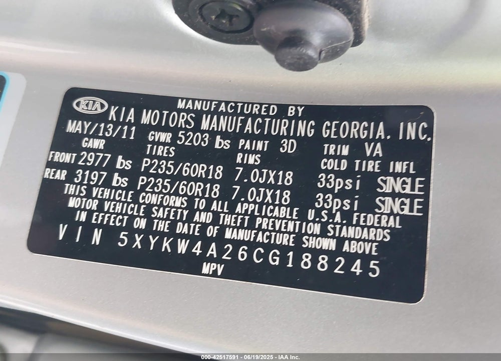 2012 KIA SORENTO VIN: 5XYKW4A26CG188245