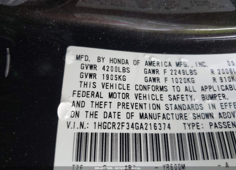 2016 HONDA ACCORD LX VIN: 1HGCR2F34GA216374