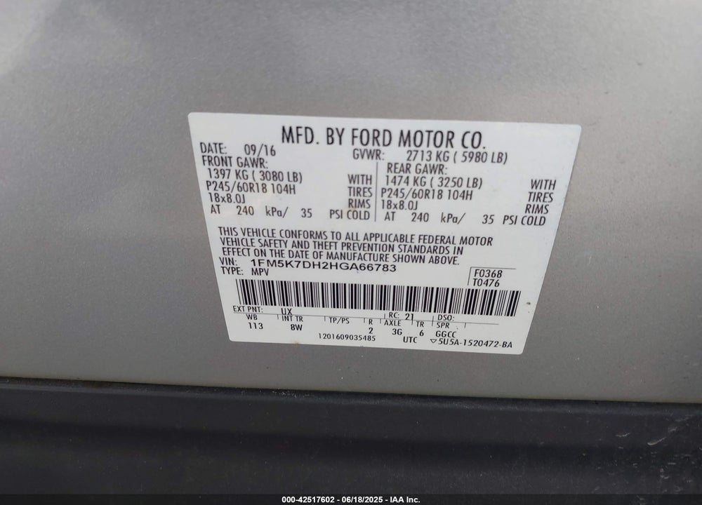 2017 FORD EXPLORER VIN: 1FM5K7DH2HGA66783