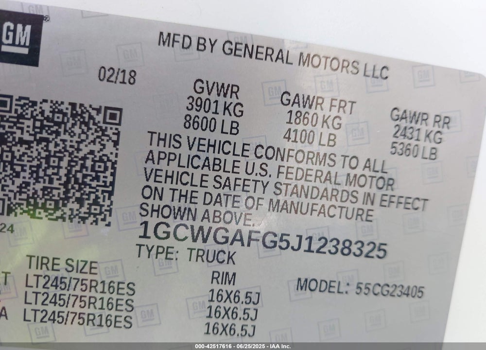 2018 CHEVROLET EXPRESS 2500 WORK VAN VIN: 1GCWGAFG5J1238325