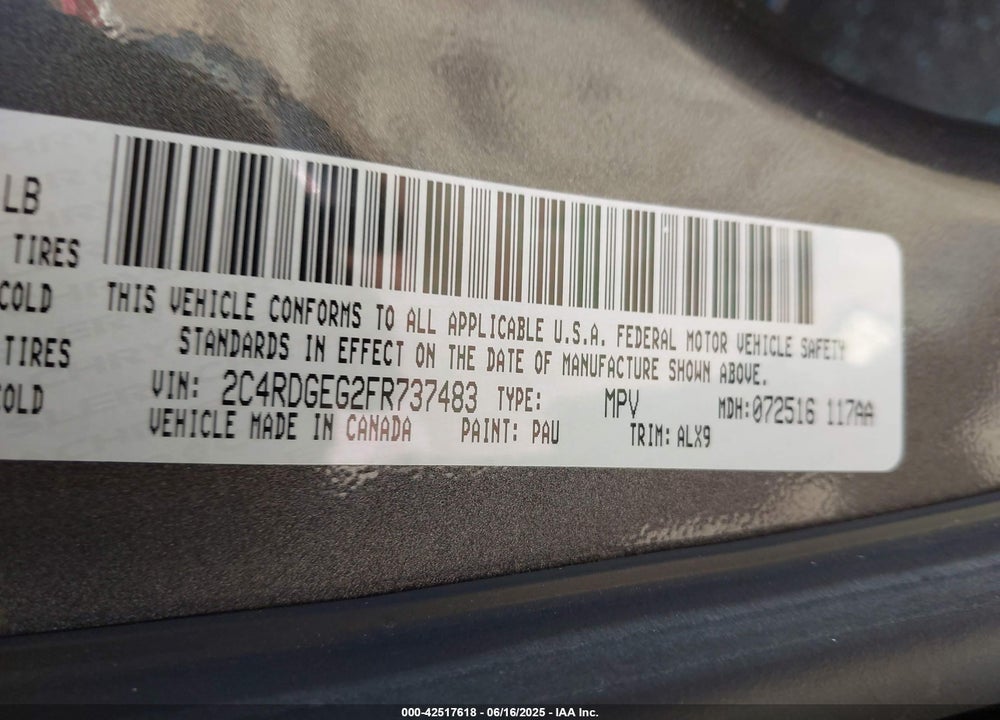 2015 DODGE GRAND CARAVAN R/T VIN: 2C4RDGEG2FR737483