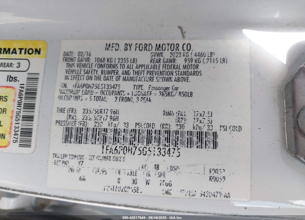 2016 FORD FUSION SE VIN: 1FA6P0H75G5133475