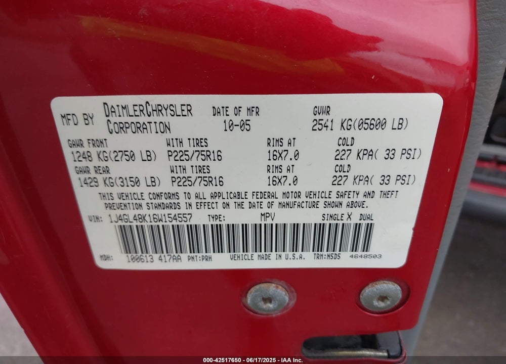 2006 JEEP LIBERTY VIN: 1J4GL48K16W154557