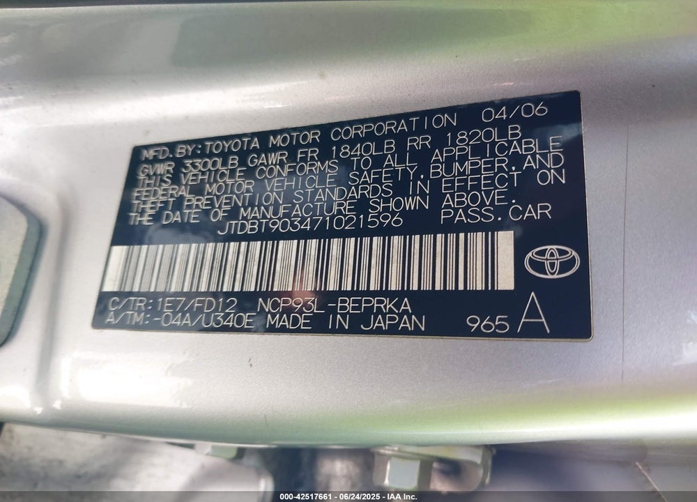 2007 TOYOTA YARIS VIN: JTDBT903471021596