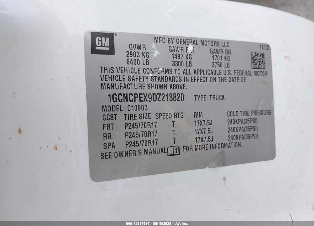 2013 CHEVROLET SILVERADO 1500 WORK TRUCK VIN: 1GCNCPEX9DZ213820