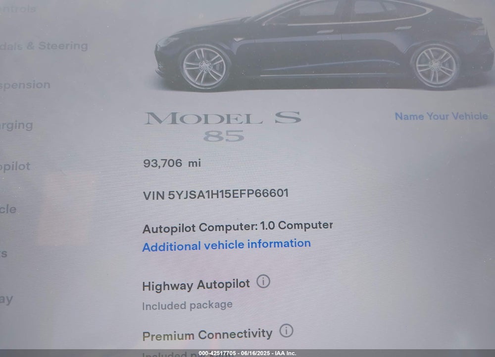 2014 TESLA MODEL S VIN: 5YJSA1H15EFP66601