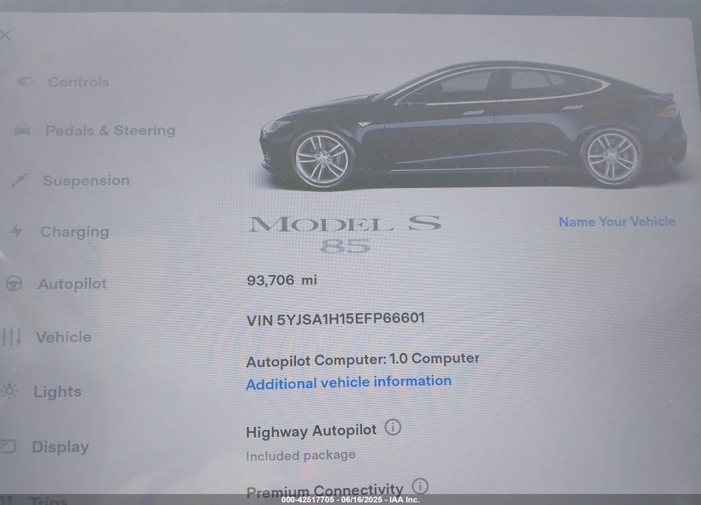 2014 TESLA MODEL S VIN: 5YJSA1H15EFP66601