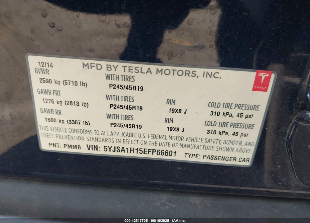 2014 TESLA MODEL S VIN: 5YJSA1H15EFP66601