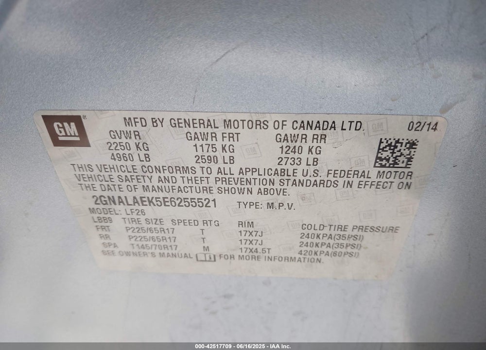 2014 CHEVROLET EQUINOX VIN: 2GNALAEK5E6255521