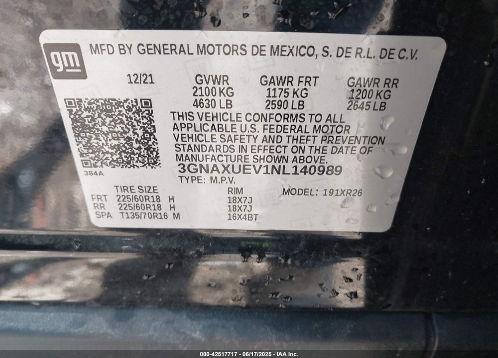 2022 CHEVROLET EQUINOX VIN: 3GNAXUEV1NL140989