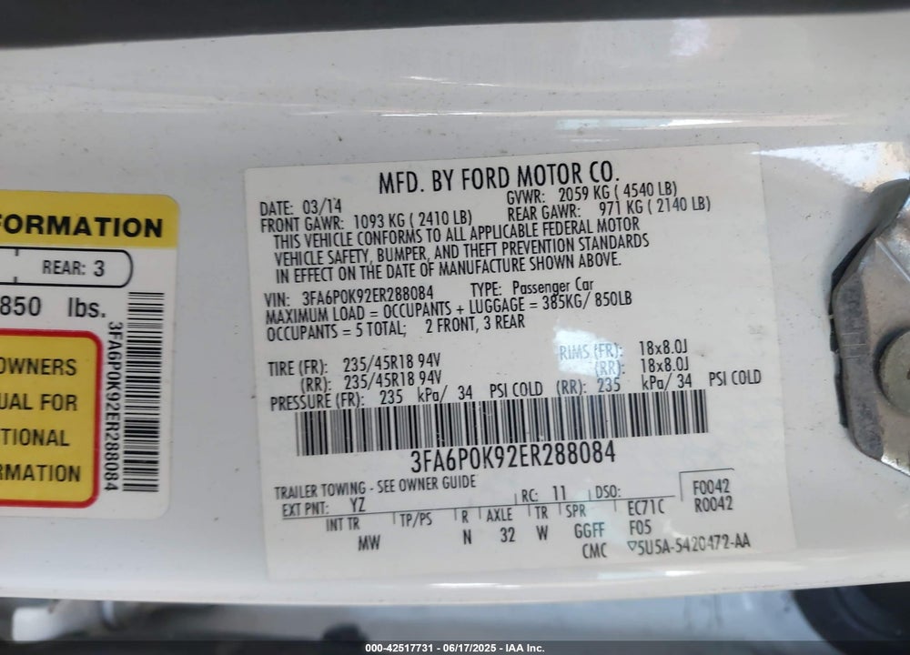 2014 FORD FUSION VIN: 3FA6P0K92ER288084