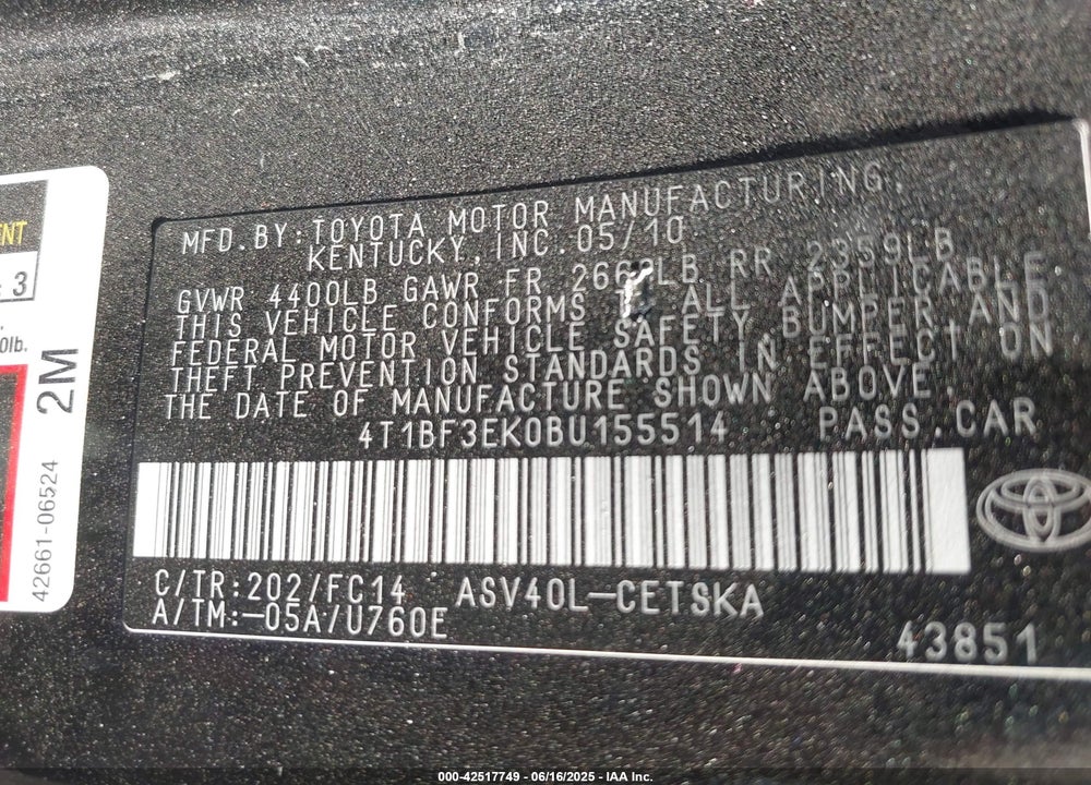 2011 TOYOTA CAMRY SE VIN: 4T1BF3EK0BU155514