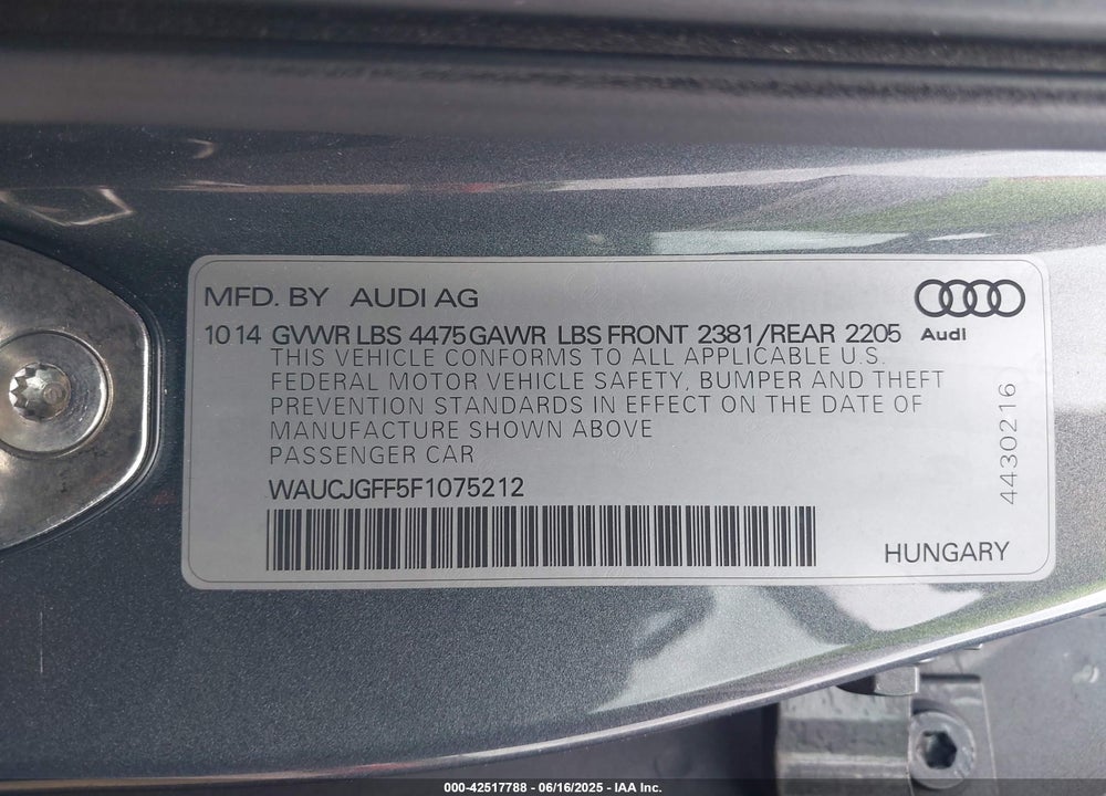 2015 AUDI A3 2.0 TDI PREMIUM VIN: WAUCJGFF5F1075212