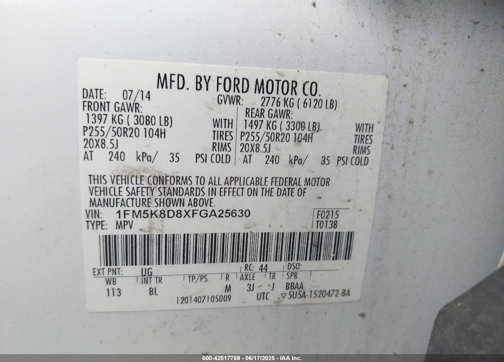 2015 FORD EXPLORER VIN: 1FM5K8D8XFGA25630