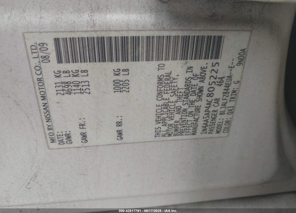 2010 NISSAN MAXIMA VIN: 1N4AA5AP4AC805225