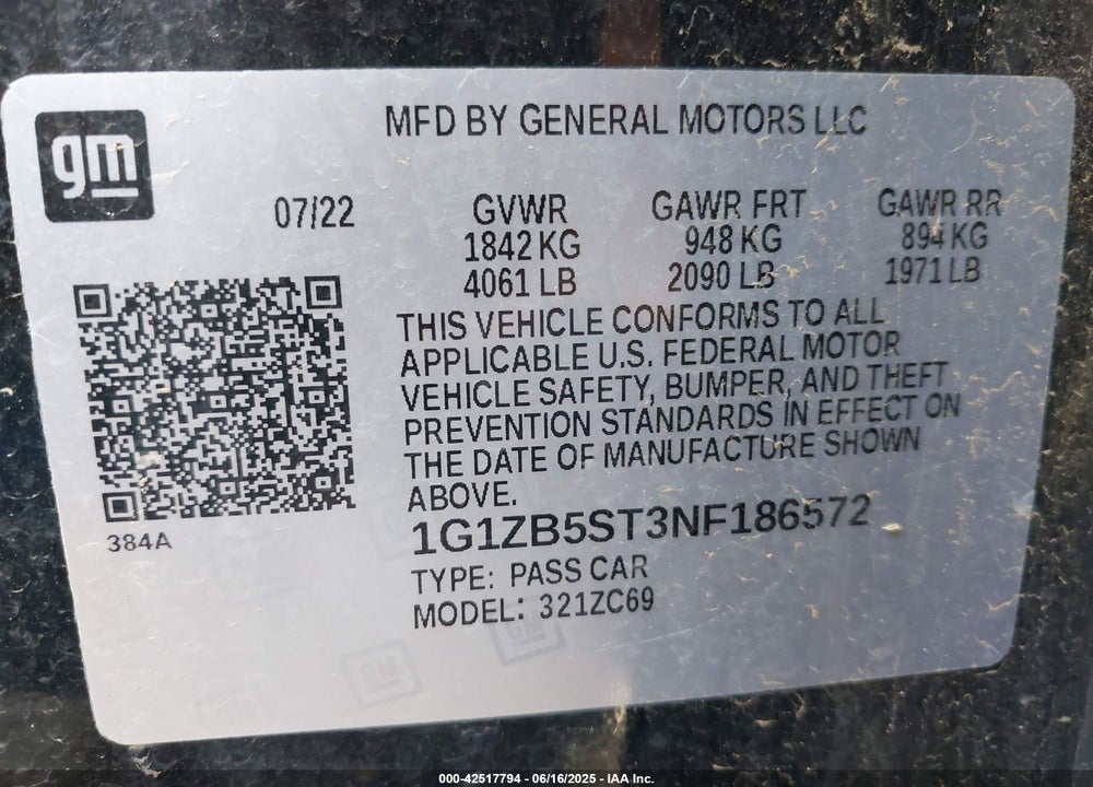 2022 CHEVROLET MALIBU VIN: 1G1ZB5ST3NF186572