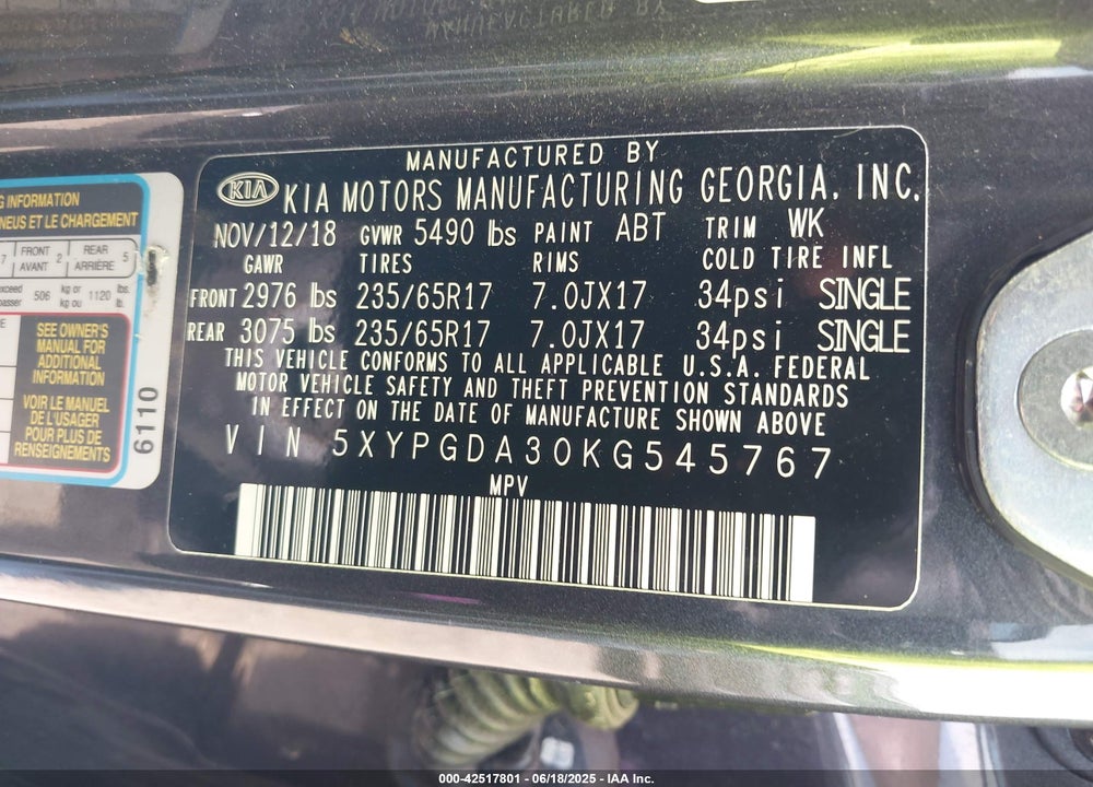 2019 KIA SORENTO 2.4L LX VIN: 5XYPGDA30KG545767