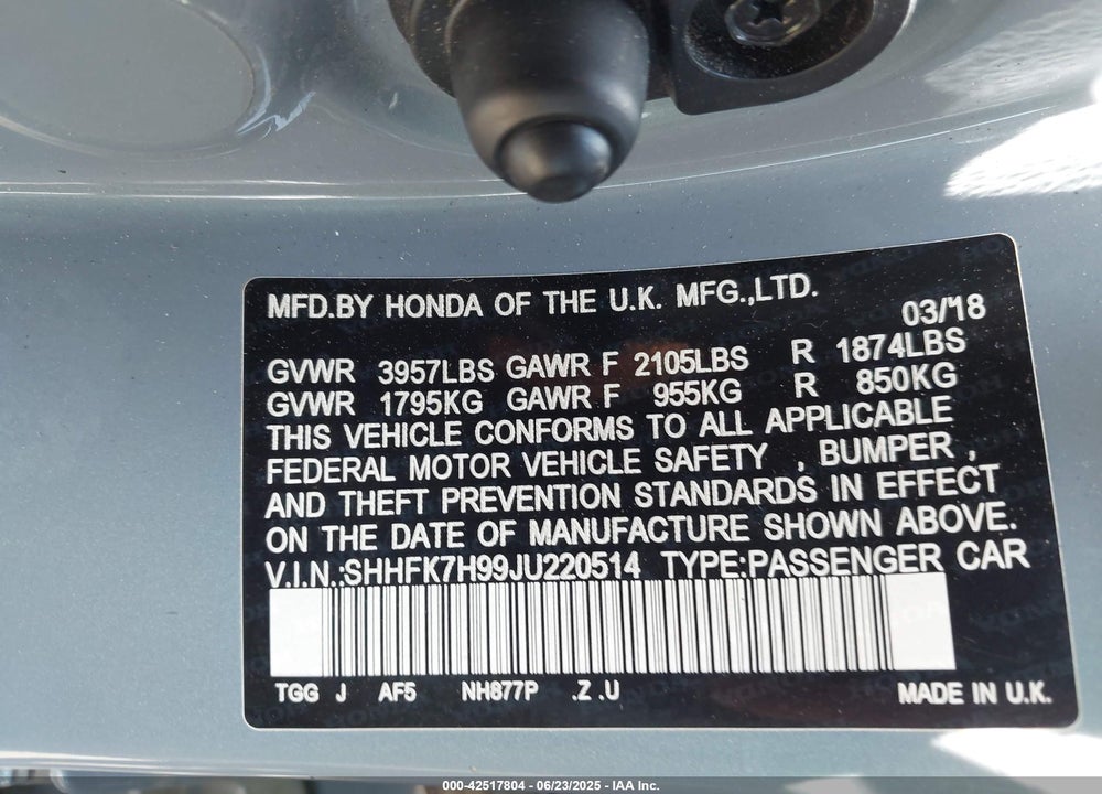 2018 HONDA CIVIC VIN: SHHFK7H99JU220514