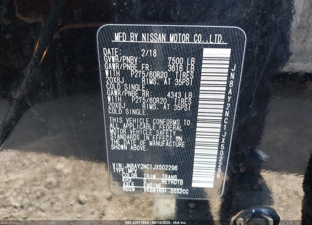2018 NISSAN ARMADA VIN: JN8AY2NC1JX502296
