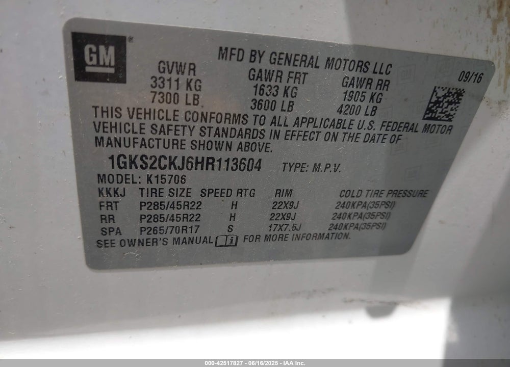 2017 GMC YUKON VIN: 1GKS2CKJ6HR113604