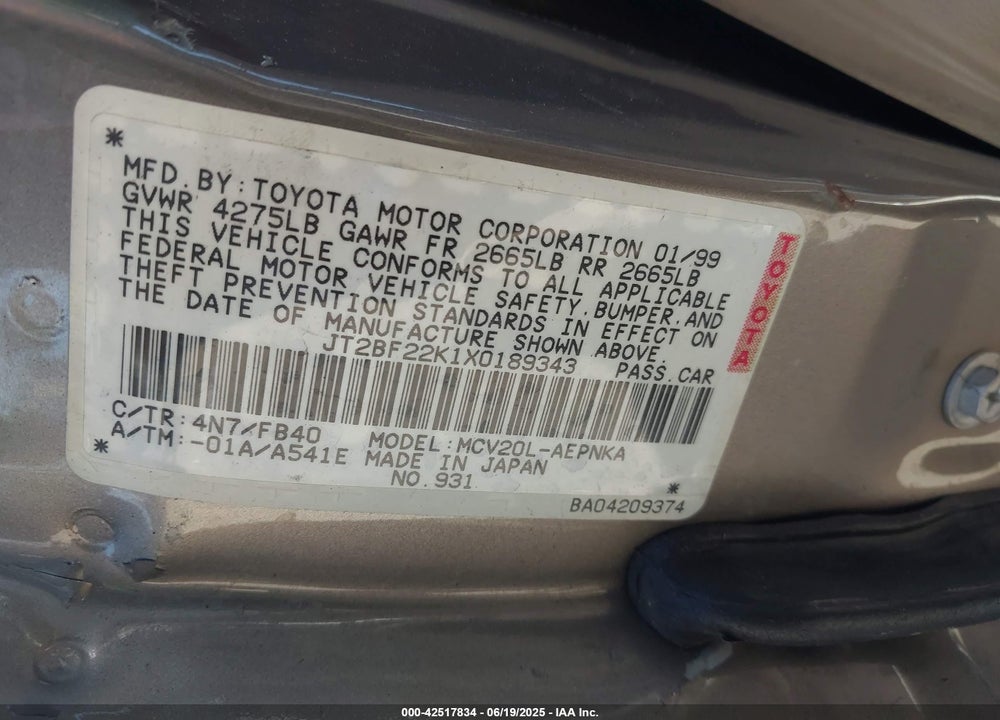 1999 TOYOTA CAMRY VIN: JT2BF22K1X0189343
