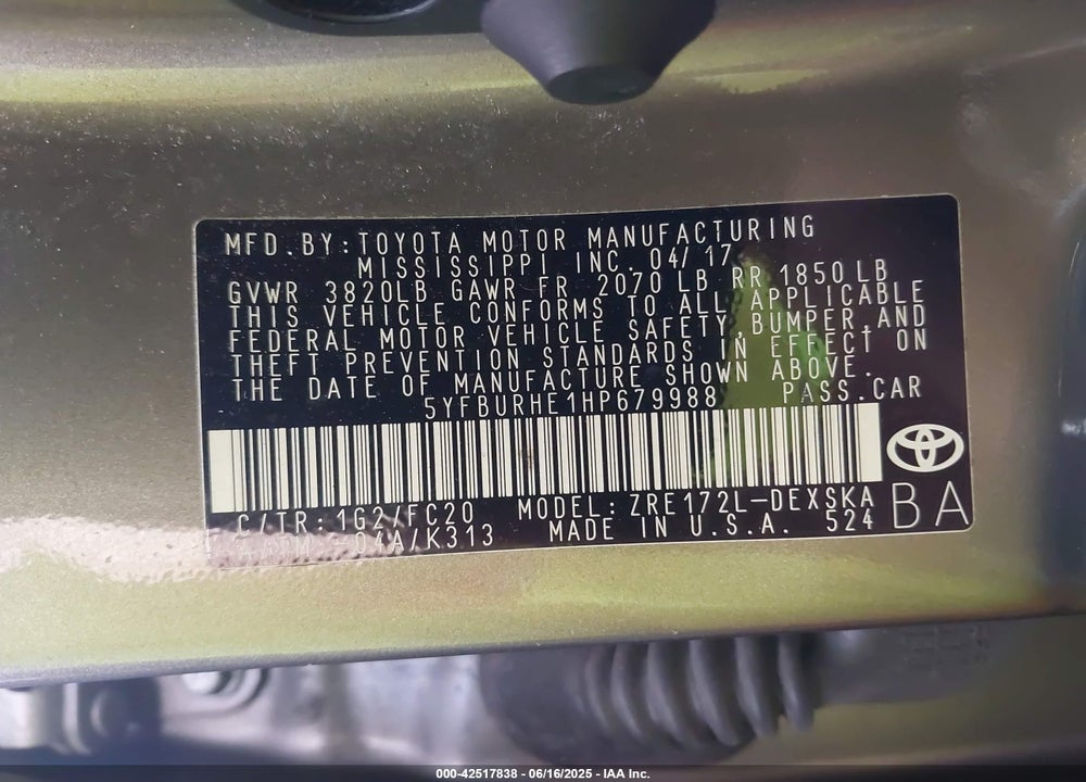 2017 TOYOTA COROLLA SE VIN: 5YFBURHE1HP679988