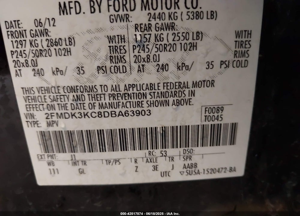2013 FORD EDGE VIN: 2FMDK3KC8DBA63903