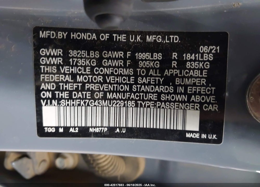 2021 HONDA CIVIC VIN: SHHFK7G43MU229185