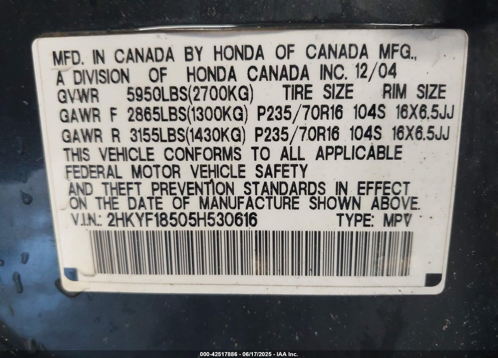 2005 HONDA PILOT EX-L VIN: 2HKYF18505H530616