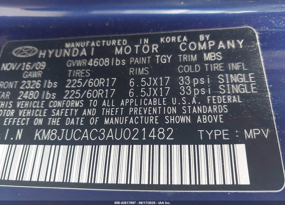 2010 HYUNDAI TUCSON VIN: KM8JUCAC3AU021482