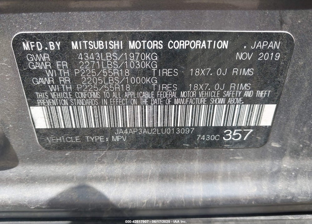 2020 MITSUBISHI OUTLANDER SPORT VIN: JA4AP3AU2LU013097