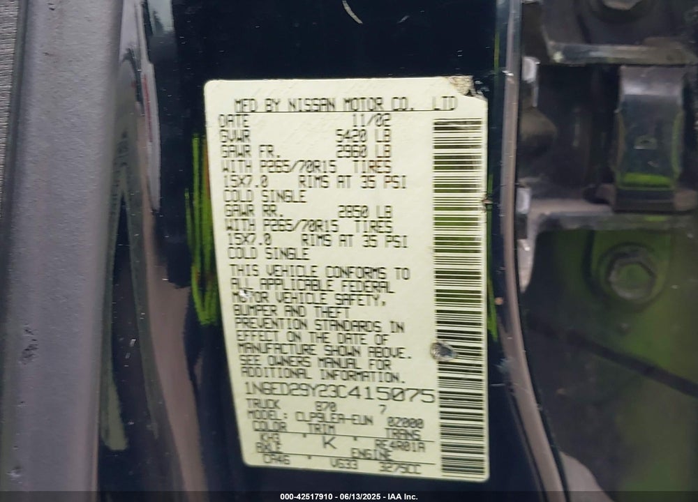 2003 NISSAN FRONTIER XE-V6 VIN: 1N6ED29Y23C415075